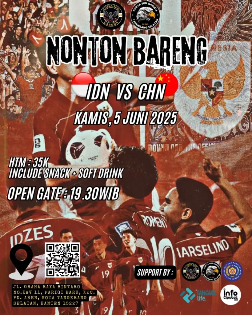 Tempat nobar Indonesia vs China di Tangsel malam ini
